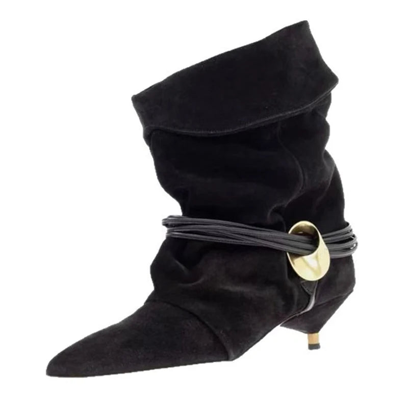 Liyke Fashion Design Fold Pleated Ankle Boots For Women Winter Street Vintage Pointed Toe Strange Low Heels Runway Shoes Brown