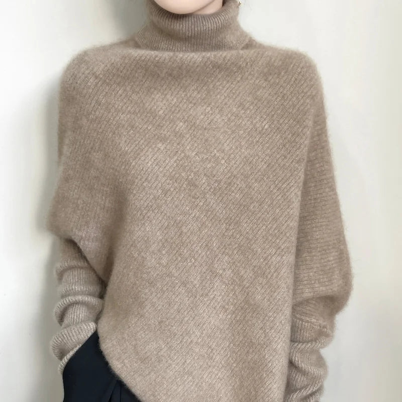 100% Merino Wool Autumn Winter Batwing Sleeves High Neck Pullover Long Sleeve Knitwear Trendy Stylish Warm Women Cashmere Top