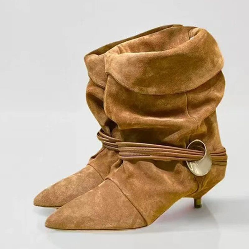 Liyke Fashion Design Fold Pleated Ankle Boots For Women Winter Street Vintage Pointed Toe Strange Low Heels Runway Shoes Brown