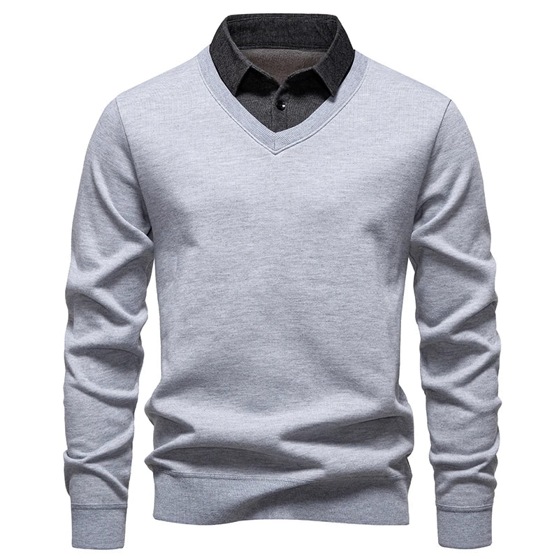 Autumn Winter Men's Fake Two-Piece Knitted Pullovers Fashion Slim Fit Turn Down Collar Knit Sweater Men Fleece Warm Pullovers
