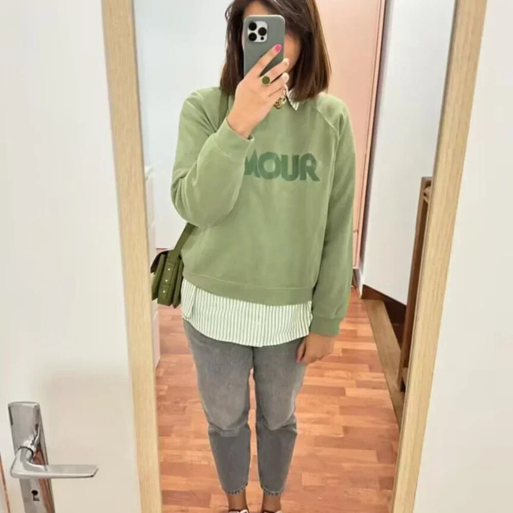 Women Early Spring New Retro Letter Love Print Loose Pullover Sweatshirt Long-sleeved Terry Sweatshirt