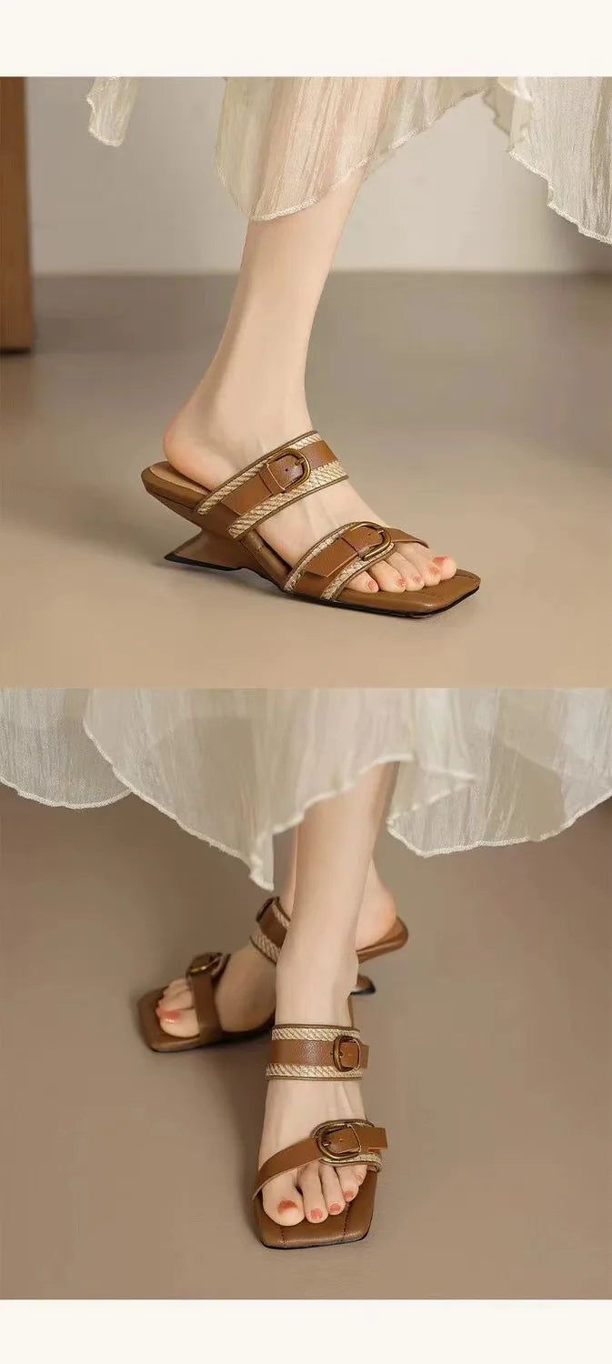 Vintage Braided Belt Buckle Open Toe Wedges Women's Summer New Square-toed High-heeled Slippers