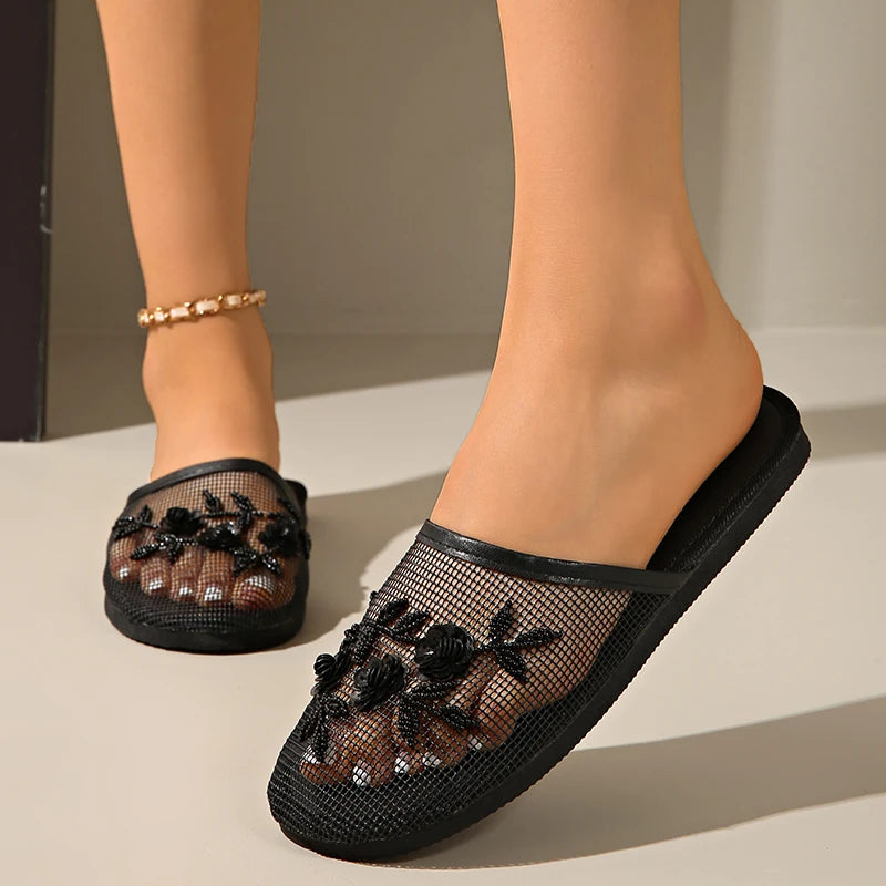 Shoes for Women 2025 Hot Sale Baotou Women's Slippers Fashion Crystal Floral Daily Slippers Women New Mesh Flat Slippers Zapatos
