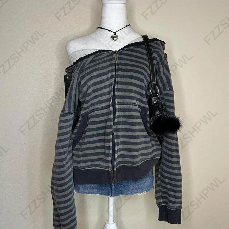 Y2K Aesthetic Women's Autumn Winter Fur Collar Sweatshirt Harajuku Gothic Punk Rock Hottie Sweatshirt Jacket Emo Girl Streetwear