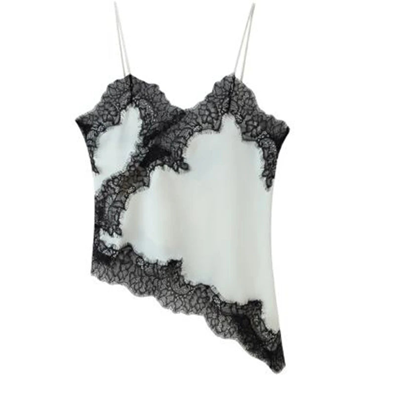 Combhasaki Women Floral Lace Trim Satin High Low Vest Silk Spaghetti Strap Side Split Asymmetrical Cami Flowy Silky Layering Top