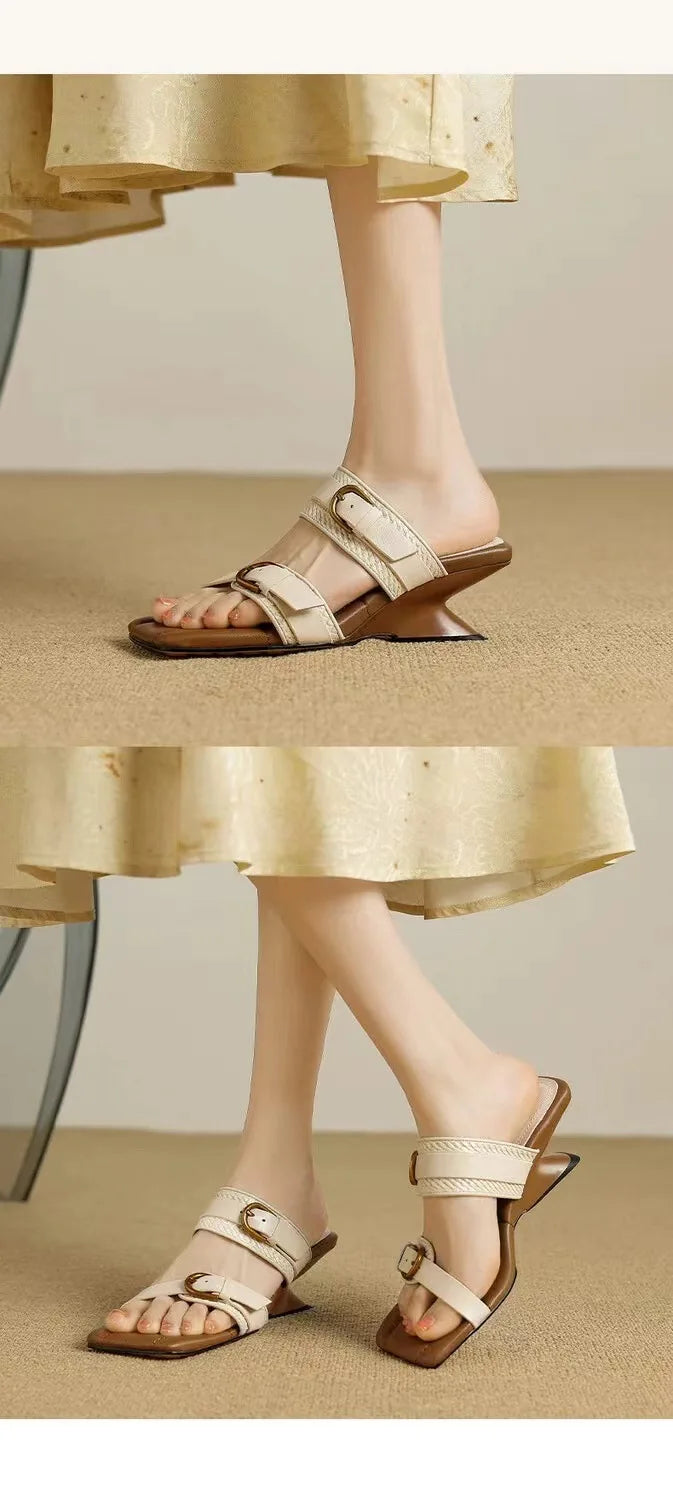 Vintage Braided Belt Buckle Open Toe Wedges Women's Summer New Square-toed High-heeled Slippers