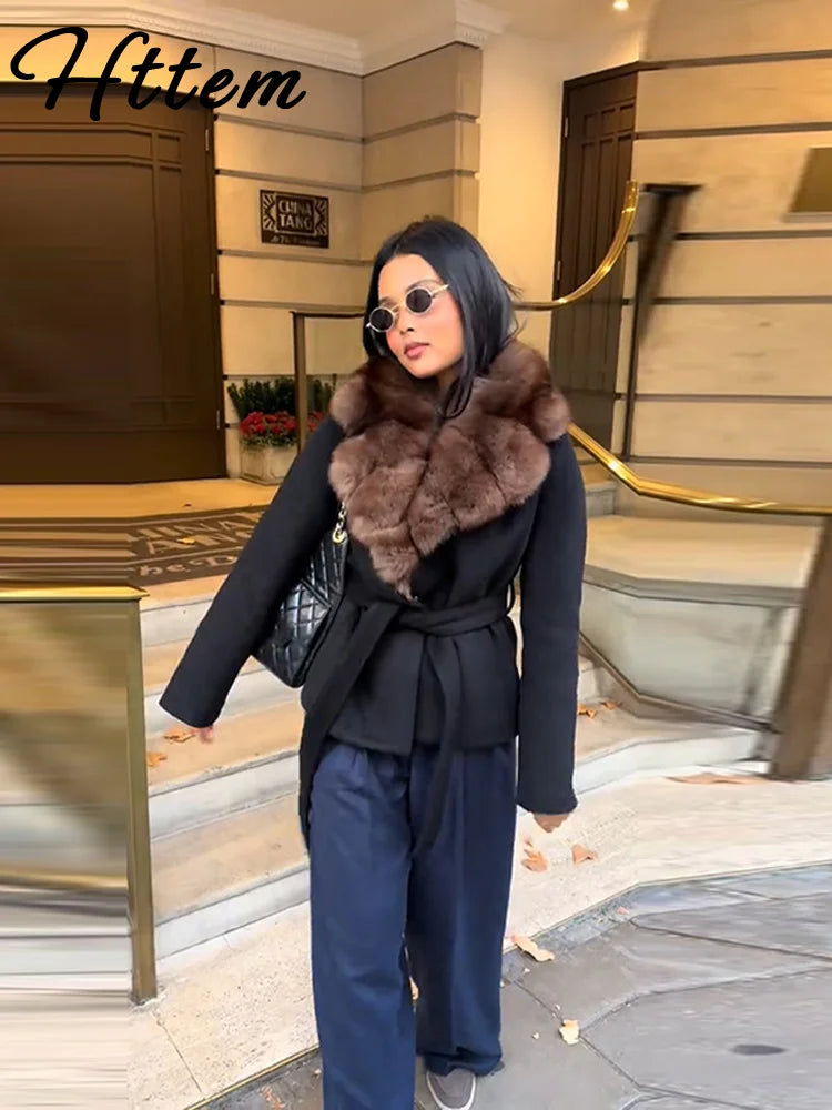 Elegant Shawl Faux Fur Women Coat Lace Up Full Sleeve Belted Waist Lapel Woolen Female Jacket 2025 Autumn Winter Lady Outwears