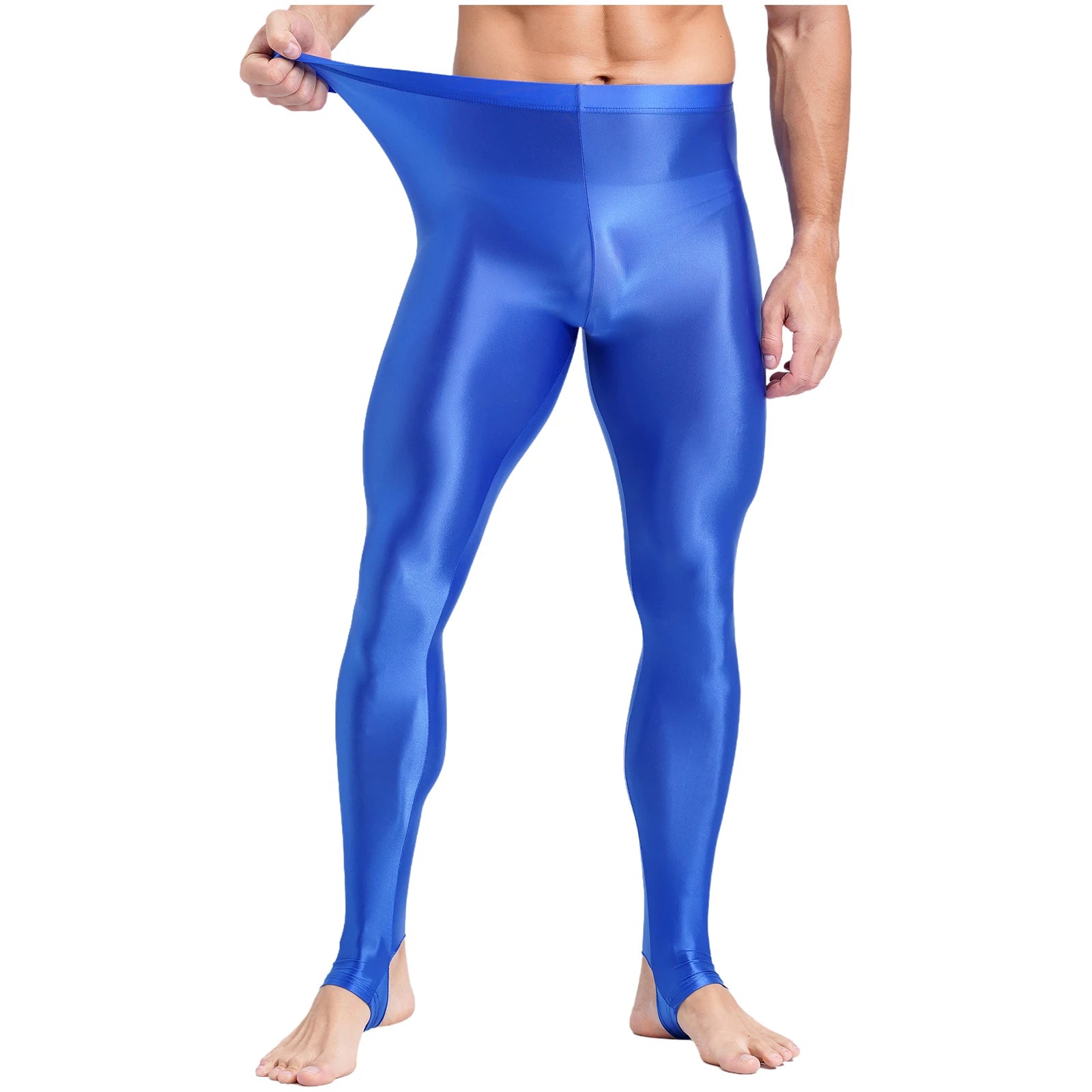 Mens Glossy Sports Pants Stirrup Leggings High Waist Elastic Waist Tights Gym Workout Pants Tummy Control Yoga Fitness Pants
