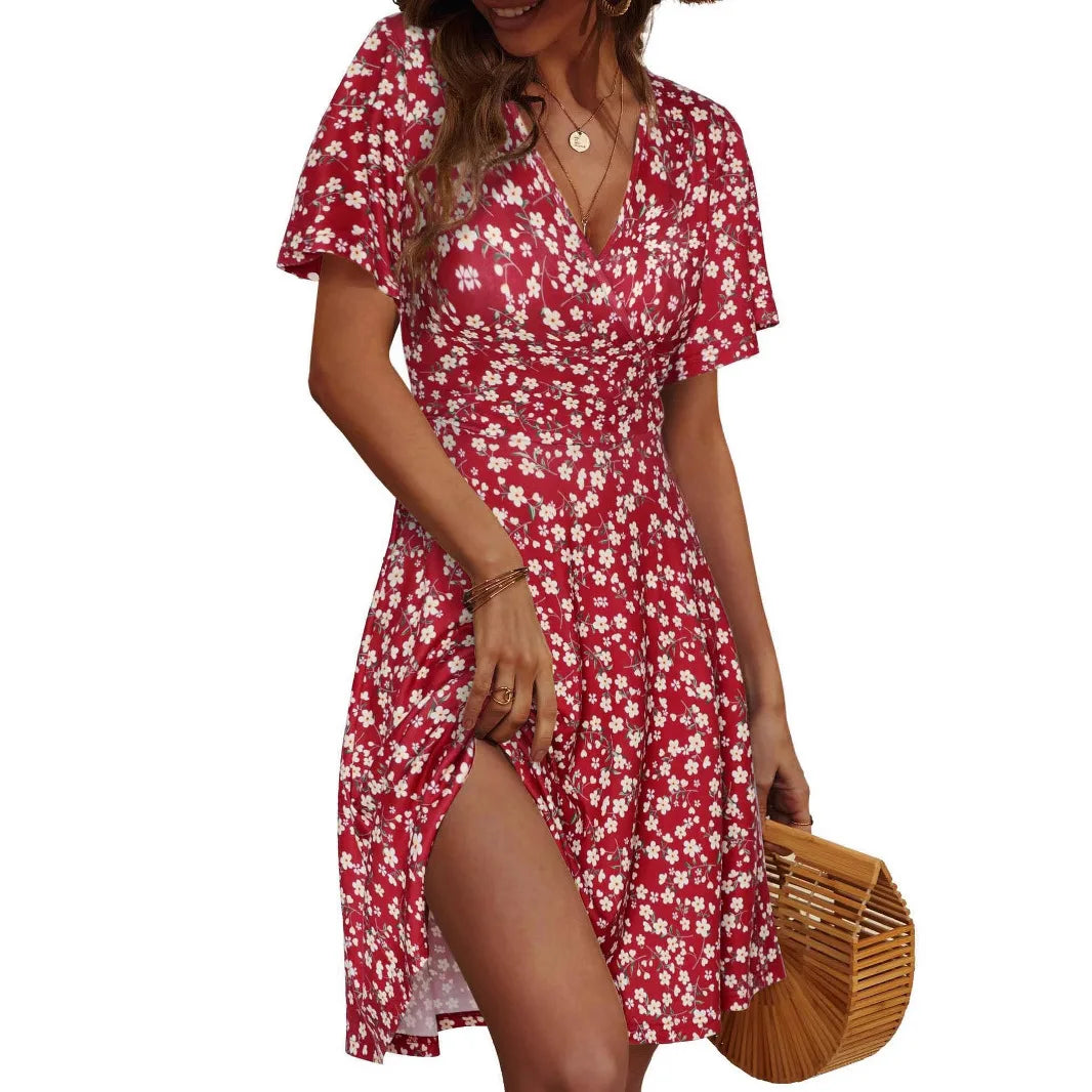 2025 Cross-border Amazon independent station explosion, summer flower short-sleeved package V-neck A line Midi dress