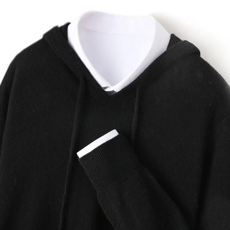 Fall/Winter 100% Pure Wool Men's Hooded Loose Thick Sweater Fashion Long Sleeve Casual Knit Top