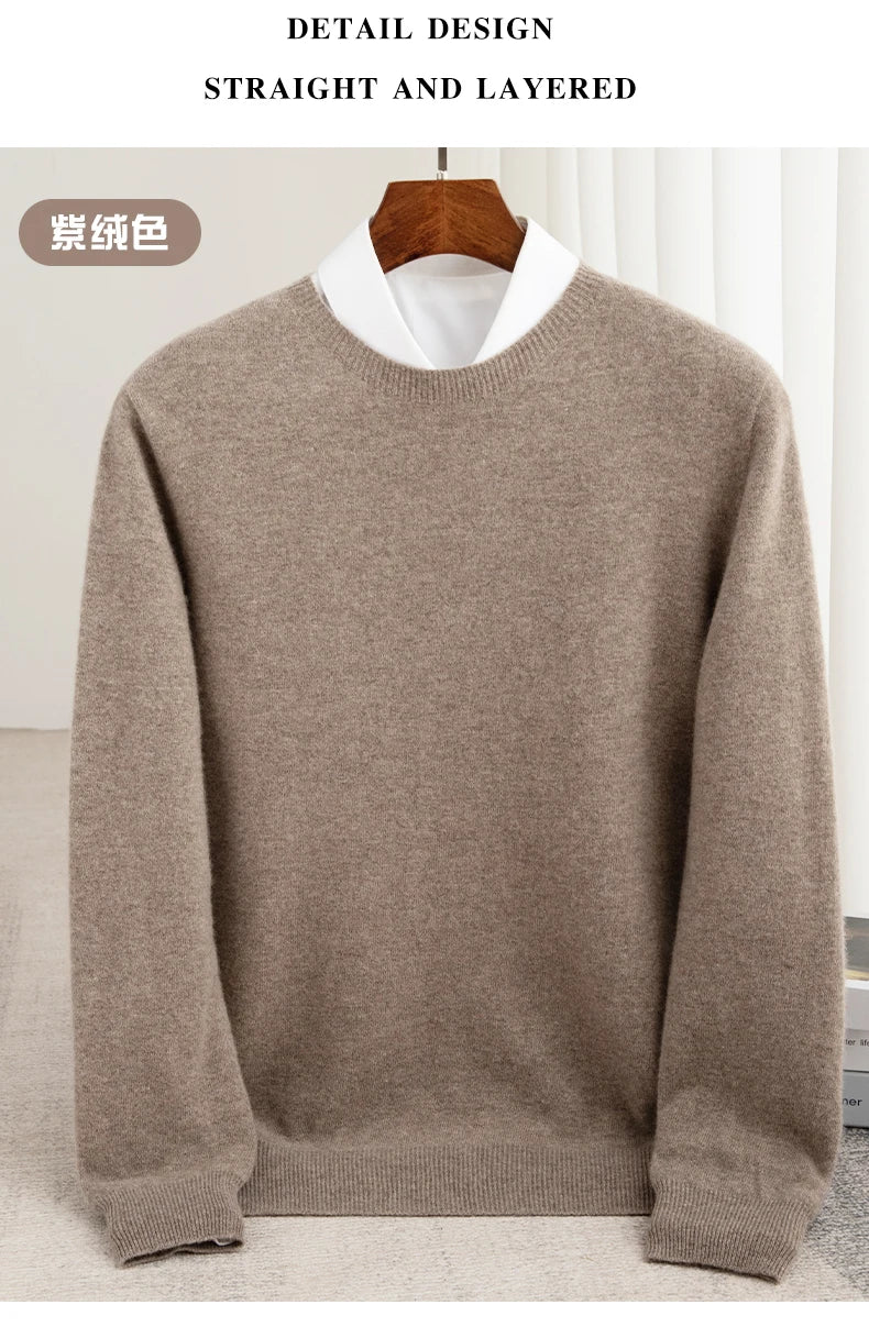 Autumn And Winter 100% Pure Wool Men's Thick Round Neck Slim-Fit  O-neck Pullover Long-Sleeved Knitted Cashmere Sweater