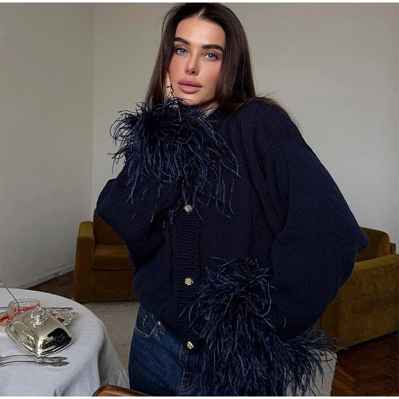 Feather Patchwork Knitted Cardigan Women Chic O-neck Long Sleeve Single-breasted Short Sweater 2025 Lady High Street Knitwear 