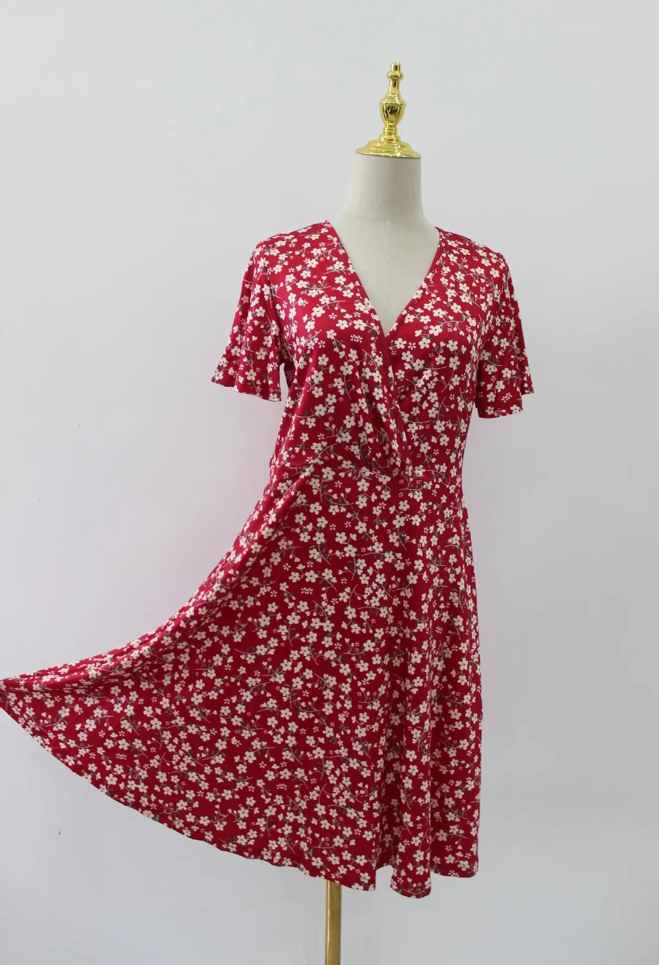 2025 Cross-border Amazon independent station explosion, summer flower short-sleeved package V-neck A line Midi dress
