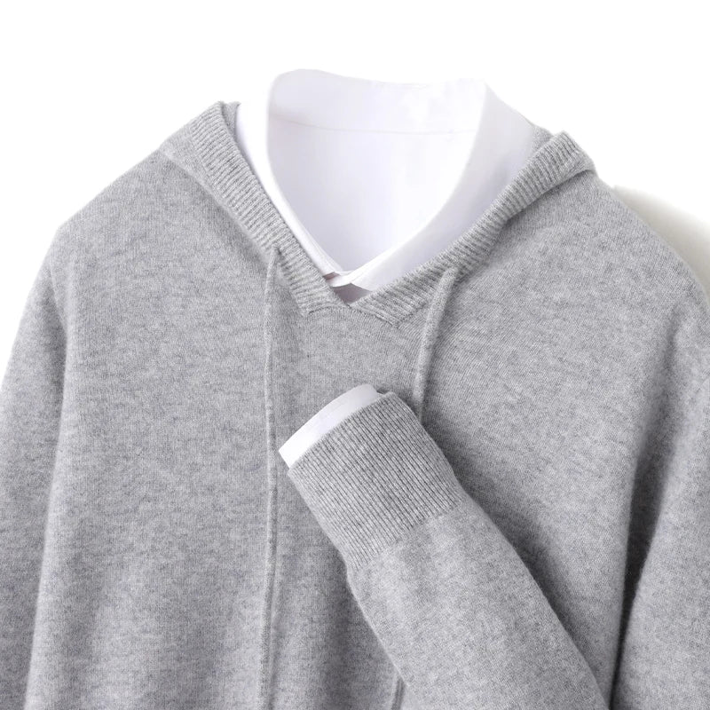 Fall/Winter 100% Pure Wool Men's Hooded Loose Thick Sweater Fashion Long Sleeve Casual Knit Top