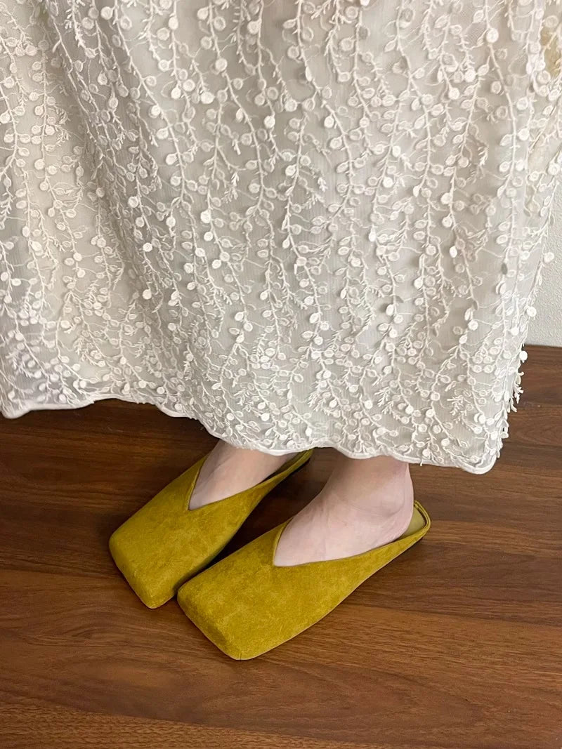 Suede Flats Women Cotton Slippers Square Toe Fashion Mules Shoes Casual Slingback Women's Winter Boots Trend Mujer Zapatos