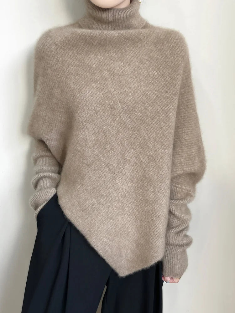 100% Merino Wool Autumn Winter Batwing Sleeves High Neck Pullover Long Sleeve Knitwear Trendy Stylish Warm Women Cashmere Top