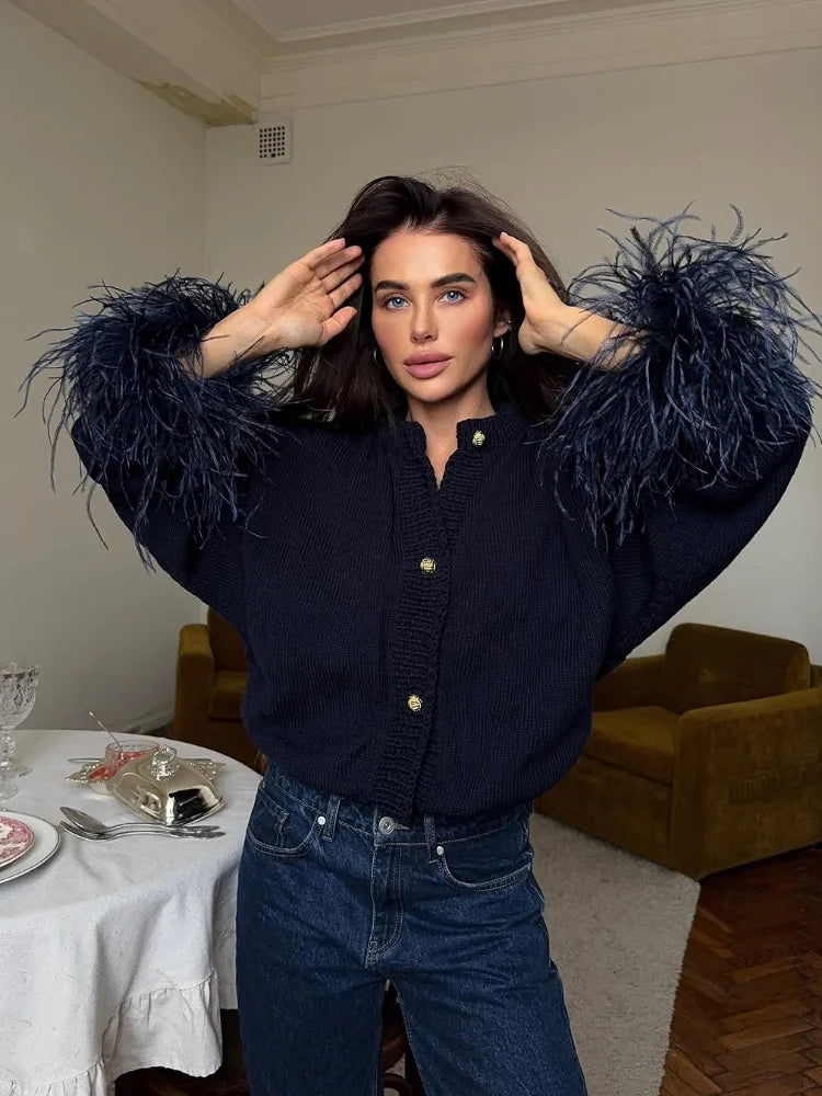 Feather Patchwork Knitted Cardigan Women Chic O-neck Long Sleeve Single-breasted Short Sweater 2025 Lady High Street Knitwear 