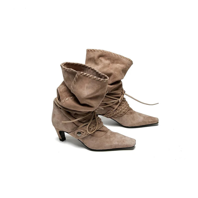 Liyke Autumn Winter Brown Suede Weave Lace-up Women Fold Pleated Ankle Boots Fashion Thin Low Heels Chelsea Western Ladies Shoes
