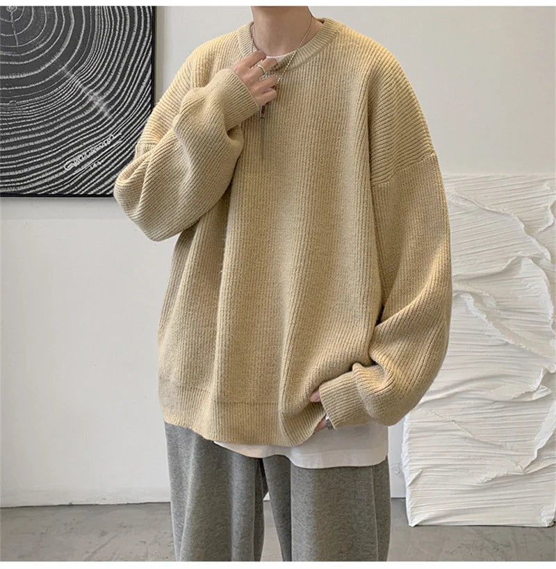 2025 Autumn Crew Neck Solid Color Pullover Sweaters For Men Casual Y2K Knitted Sweater High Street Fashion Jumpers Hombre