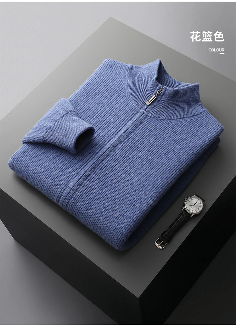 LHZSYY Men's Cashmere Knit Cardigan Middle-Aged Stand-up Collar Zip-up Coat 100%Pure Wool Autumn Winter Thick Sweater Men Jacket
