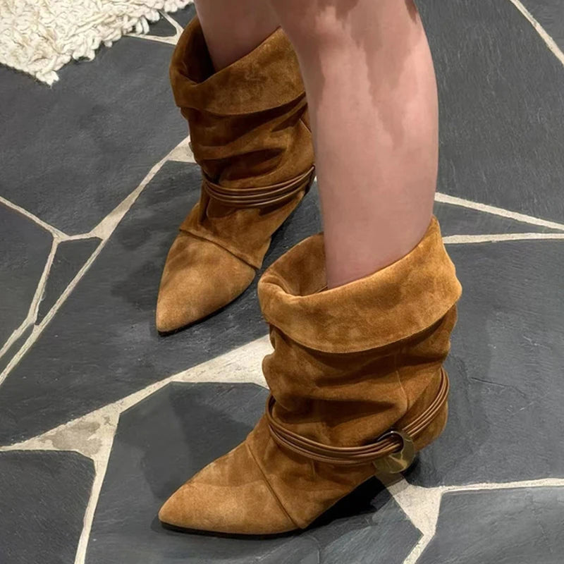 Liyke Fashion Design Fold Pleated Ankle Boots For Women Winter Street Vintage Pointed Toe Strange Low Heels Runway Shoes Brown