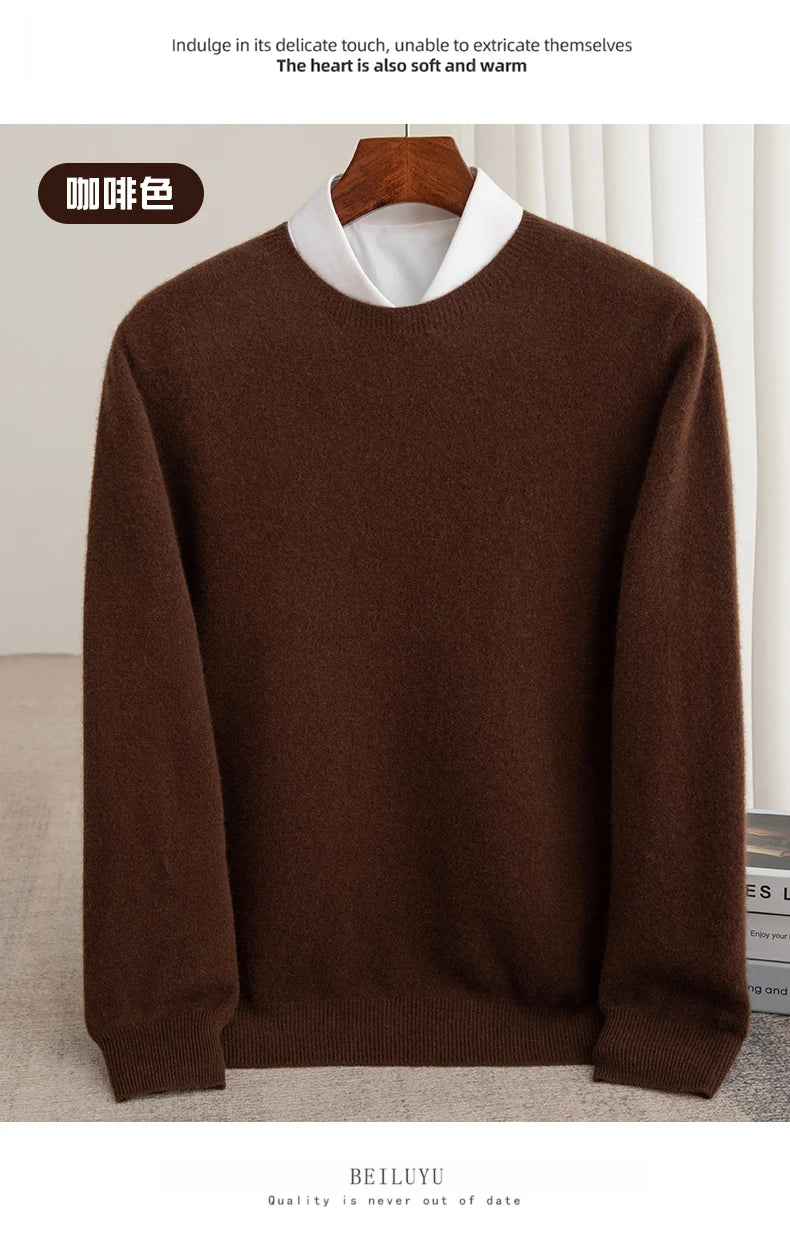 Autumn And Winter 100% Pure Wool Men's Thick Round Neck Slim-Fit  O-neck Pullover Long-Sleeved Knitted Cashmere Sweater