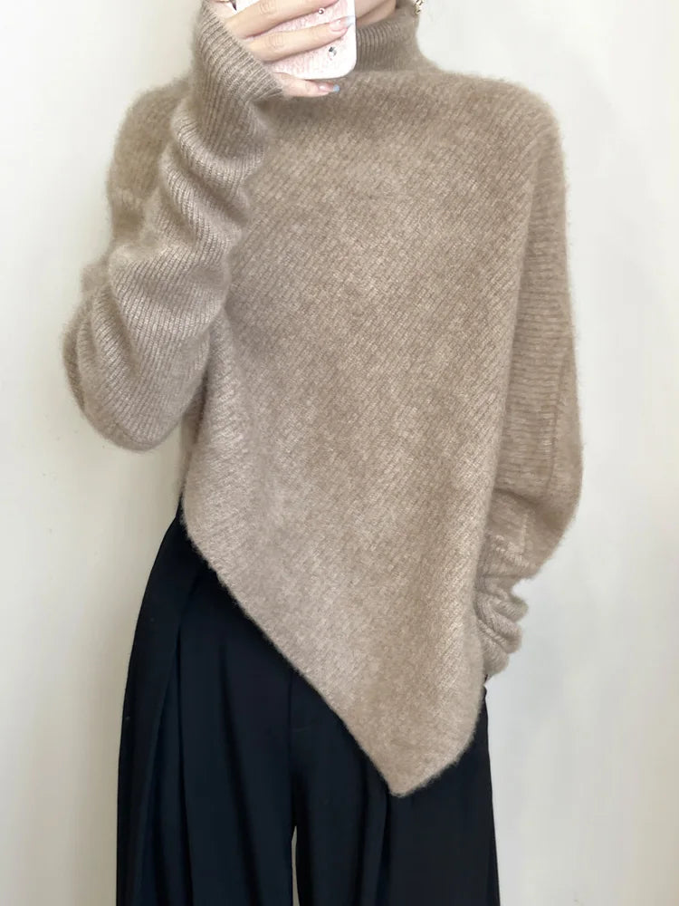 100% Merino Wool Autumn Winter Batwing Sleeves High Neck Pullover Long Sleeve Knitwear Trendy Stylish Warm Women Cashmere Top