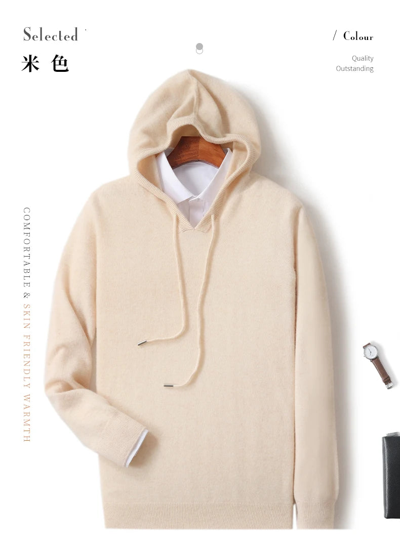 Fall/Winter 100% Pure Wool Men's Hooded Loose Thick Sweater Fashion Long Sleeve Casual Knit Top
