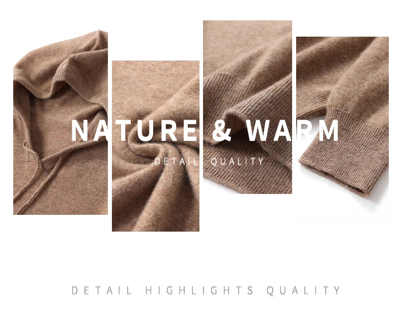 Fall/Winter 100% Pure Wool Men's Hooded Loose Thick Sweater Fashion Long Sleeve Casual Knit Top