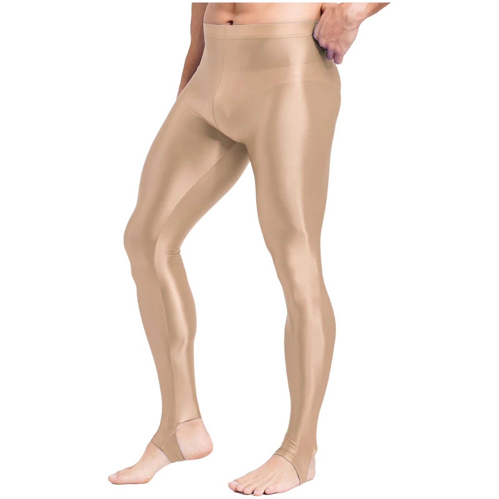Mens Glossy Sports Pants Stirrup Leggings High Waist Elastic Waist Tights Gym Workout Pants Tummy Control Yoga Fitness Pants