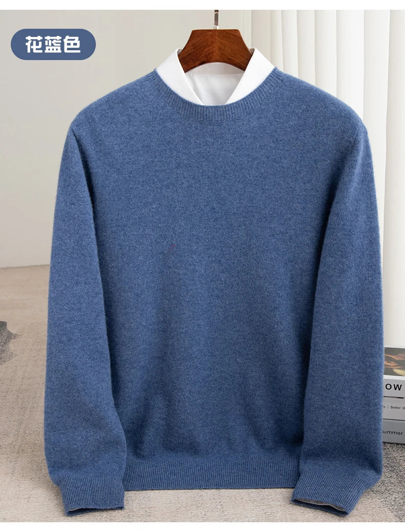 Autumn And Winter 100% Pure Wool Men's Thick Round Neck Slim-Fit  O-neck Pullover Long-Sleeved Knitted Cashmere Sweater
