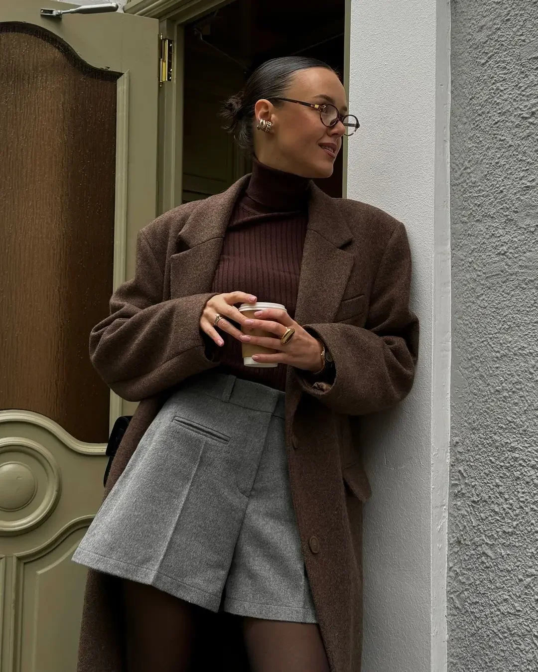 Brown Shoulder Pad Wool Blend Overcoat Women Elegant Lapel Single-breasted Long Sleeve Coat 2025 Autumn Lady Commuter Outerwear