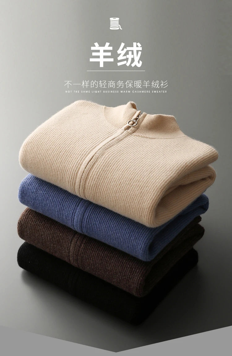 LHZSYY Men's Cashmere Knit Cardigan Middle-Aged Stand-up Collar Zip-up Coat 100%Pure Wool Autumn Winter Thick Sweater Men Jacket