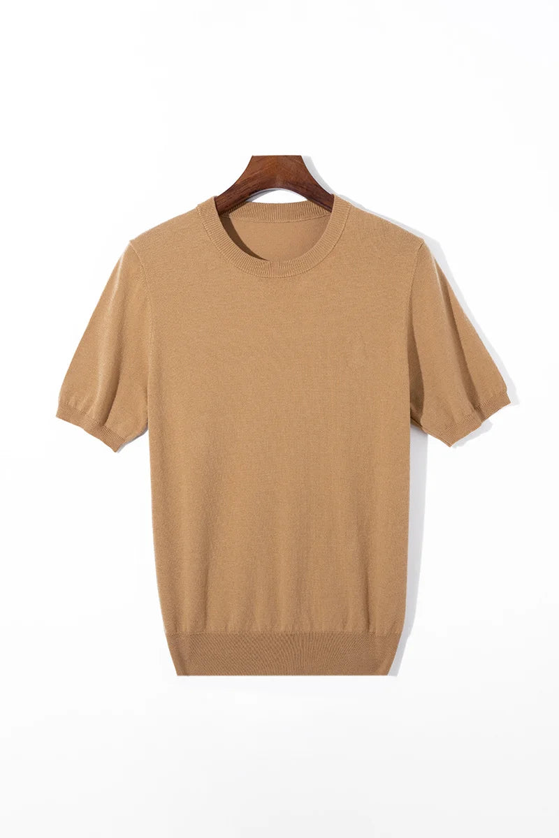 Summer Classic Short Sleeve Men Knitwear Silk Wool blend Sweater O-Neck Loose Cool Quality Business Pullover Basic Clothing Tops