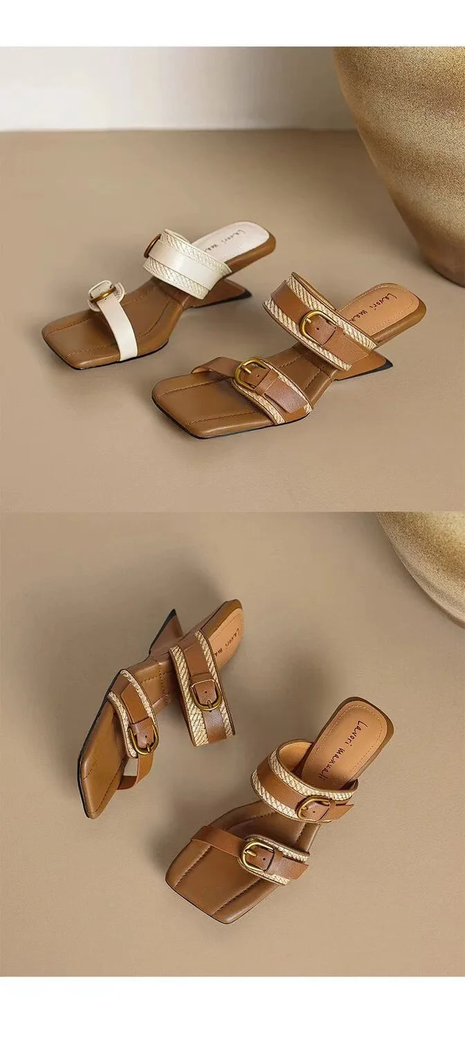 Vintage Braided Belt Buckle Open Toe Wedges Women's Summer New Square-toed High-heeled Slippers