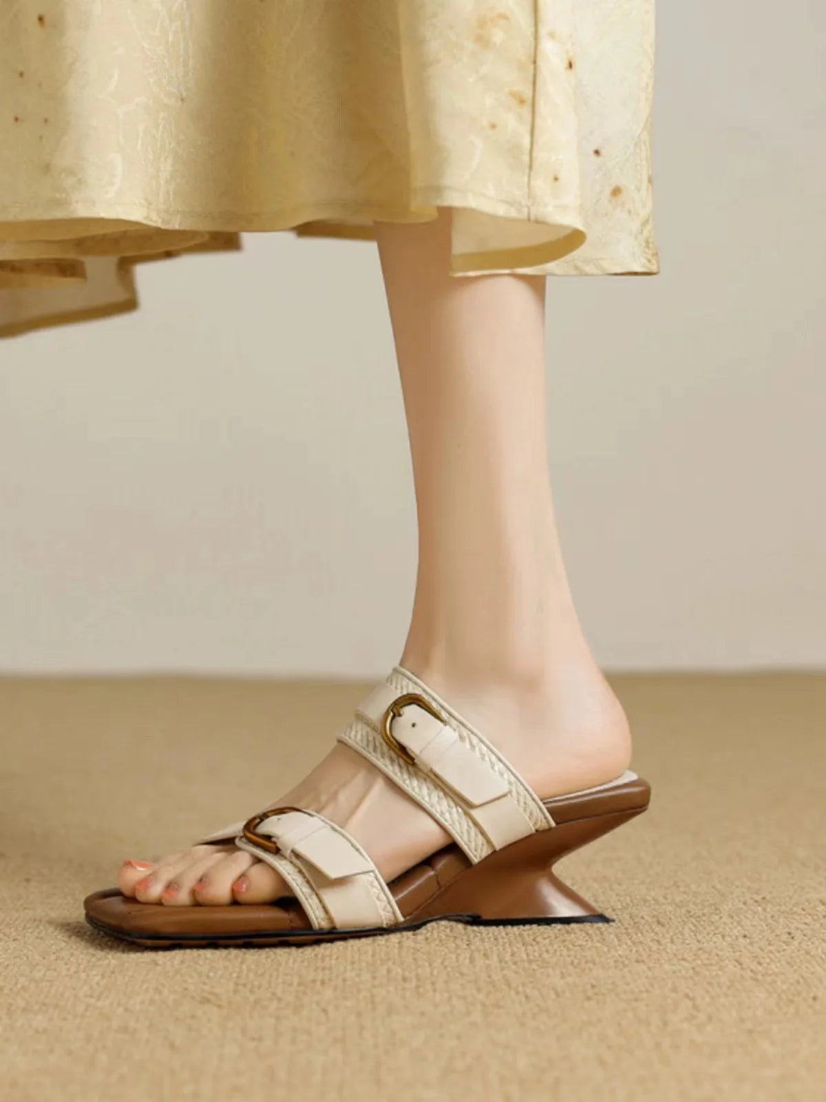 Vintage Braided Belt Buckle Open Toe Wedges Women's Summer New Square-toed High-heeled Slippers