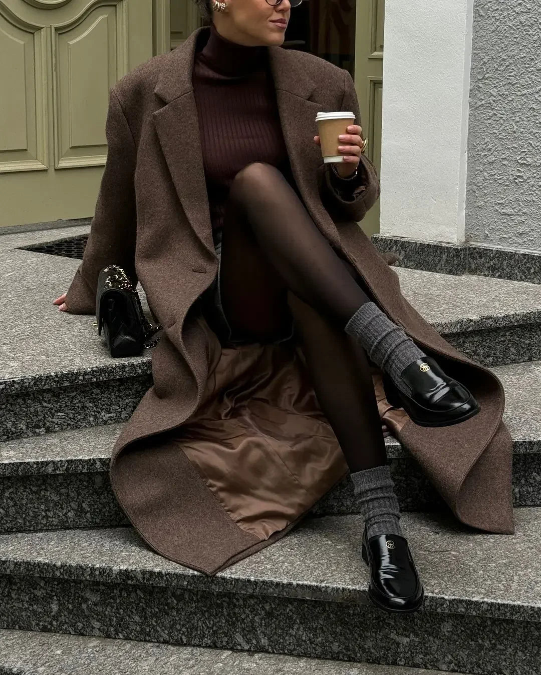 Brown Shoulder Pad Wool Blend Overcoat Women Elegant Lapel Single-breasted Long Sleeve Coat 2025 Autumn Lady Commuter Outerwear