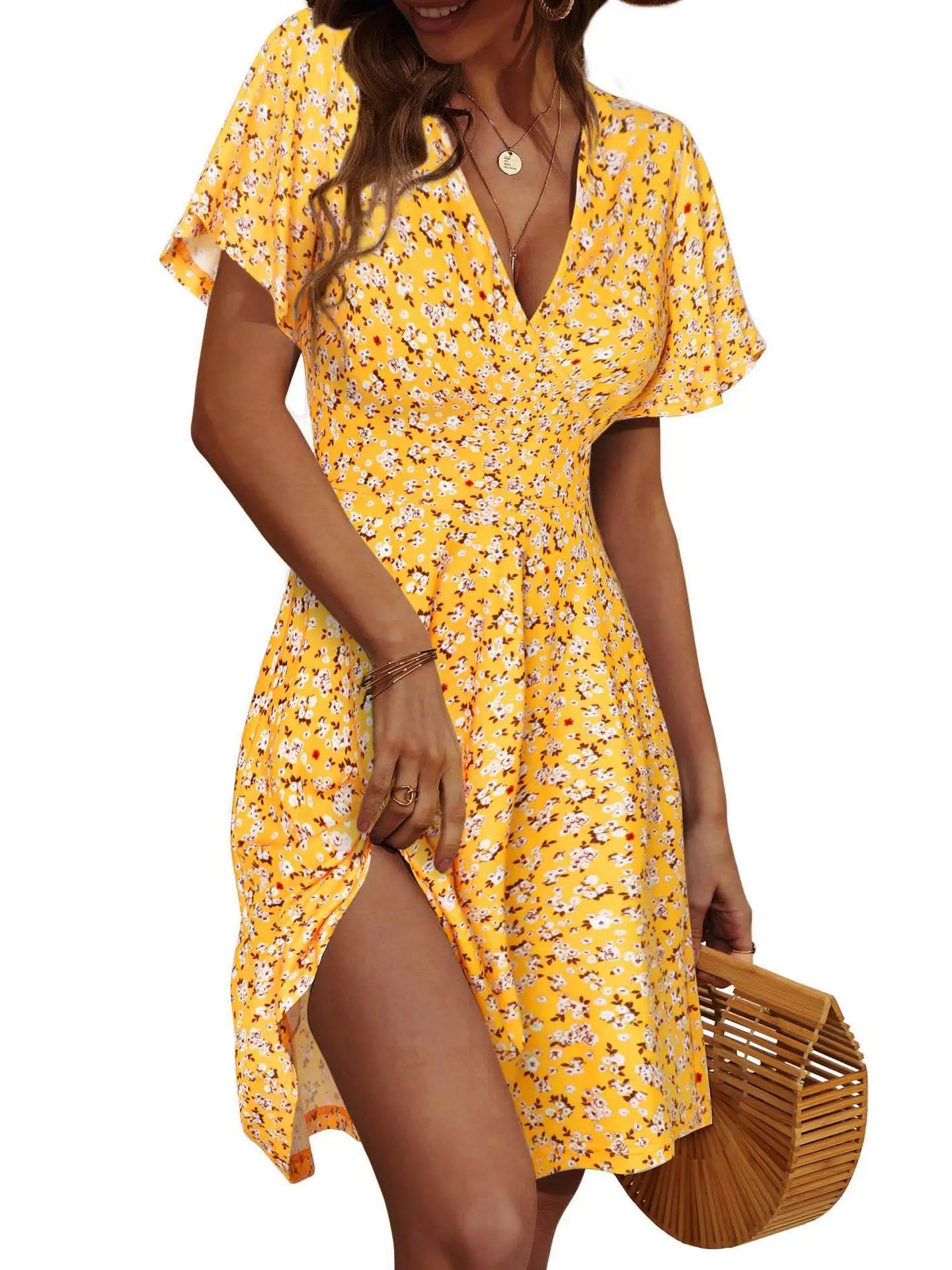 2025 Cross-border Amazon independent station explosion, summer flower short-sleeved package V-neck A line Midi dress