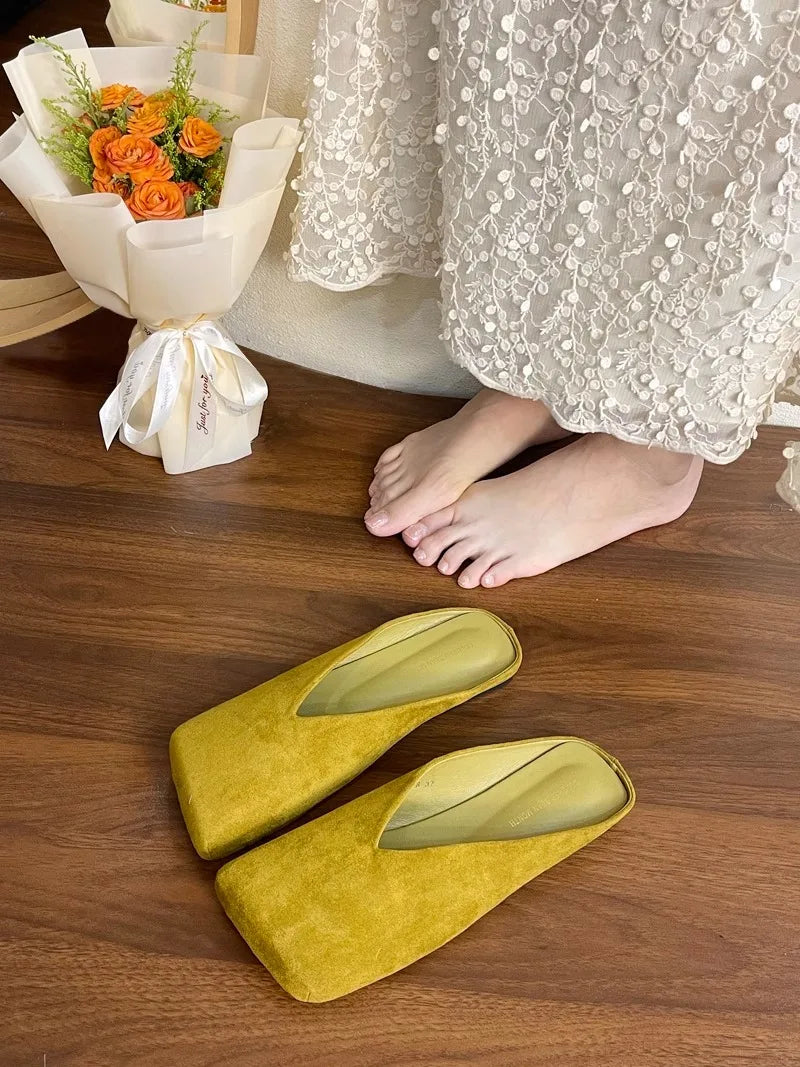 Suede Flats Women Cotton Slippers Square Toe Fashion Mules Shoes Casual Slingback Women's Winter Boots Trend Mujer Zapatos