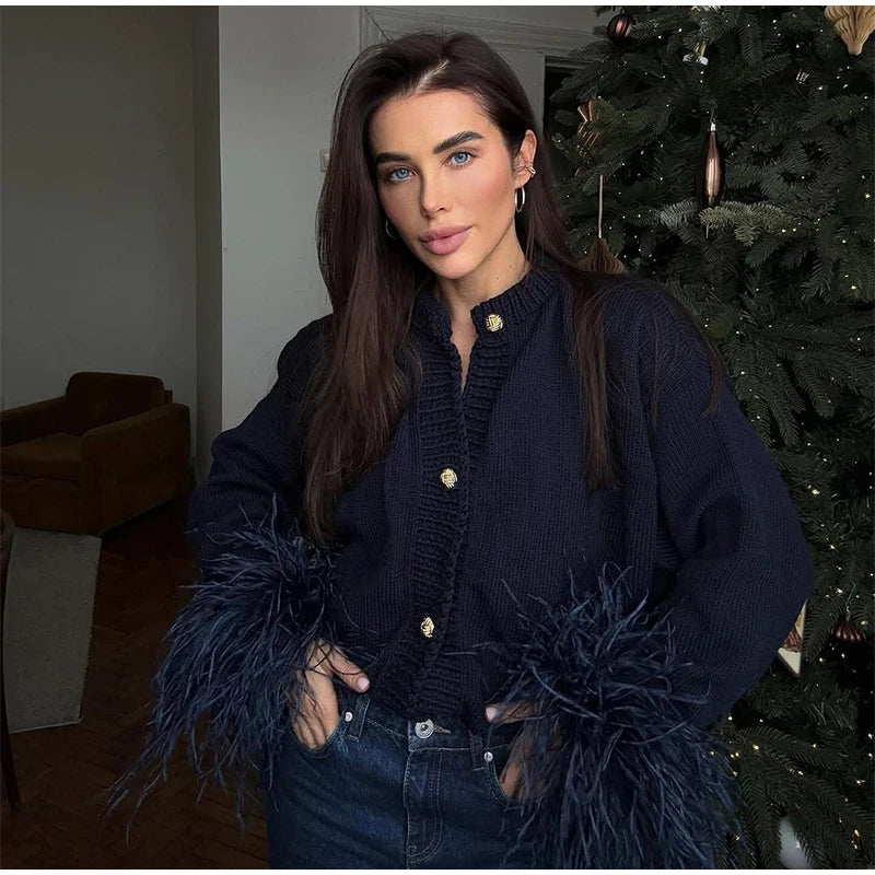 Feather Patchwork Knitted Cardigan Women Chic O-neck Long Sleeve Single-breasted Short Sweater 2025 Lady High Street Knitwear 