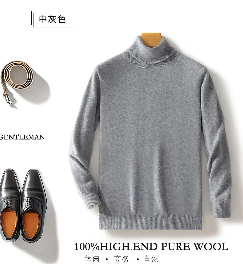 Fall/Winter 12-Needle Flat Lapel 100% Pure Wool Men's Long Sleeve Pullover Knitted Bottoming Shirt Inside
