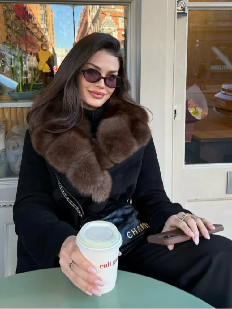 Elegant Shawl Faux Fur Women Coat Lace Up Full Sleeve Belted Waist Lapel Woolen Female Jacket 2025 Autumn Winter Lady Outwears