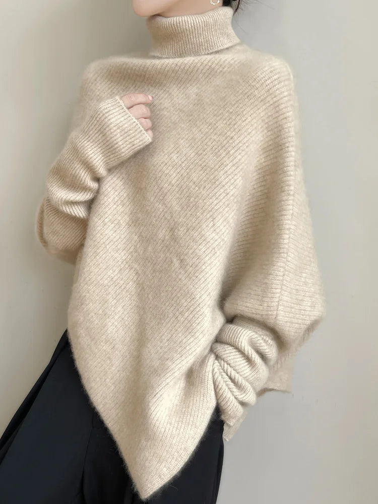 100% Merino Wool Autumn Winter Batwing Sleeves High Neck Pullover Long Sleeve Knitwear Trendy Stylish Warm Women Cashmere Top