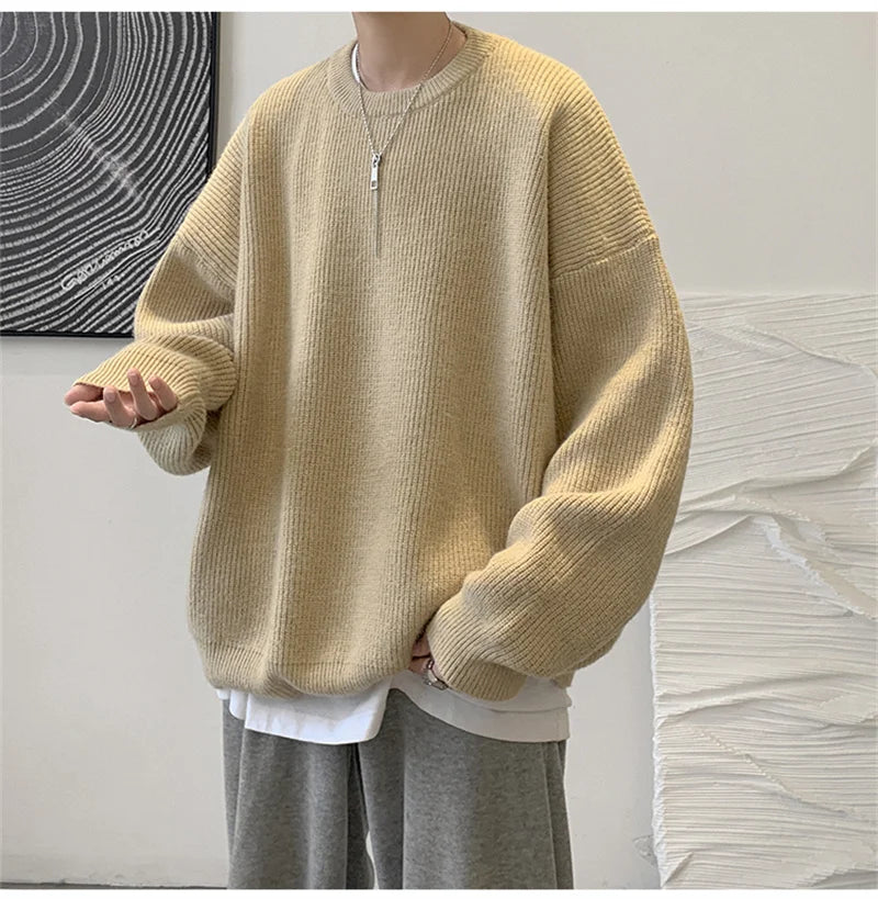 2025 Autumn Crew Neck Solid Color Pullover Sweaters For Men Casual Y2K Knitted Sweater High Street Fashion Jumpers Hombre