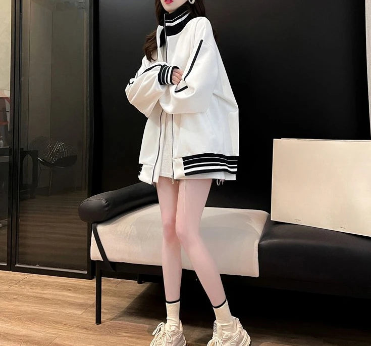 Female Clothes Black Sweatshirts for Women Full Zip Up Tops with Zipper Coat Striped Y2k Hoodie 2000s Long Sleeve Style Matching