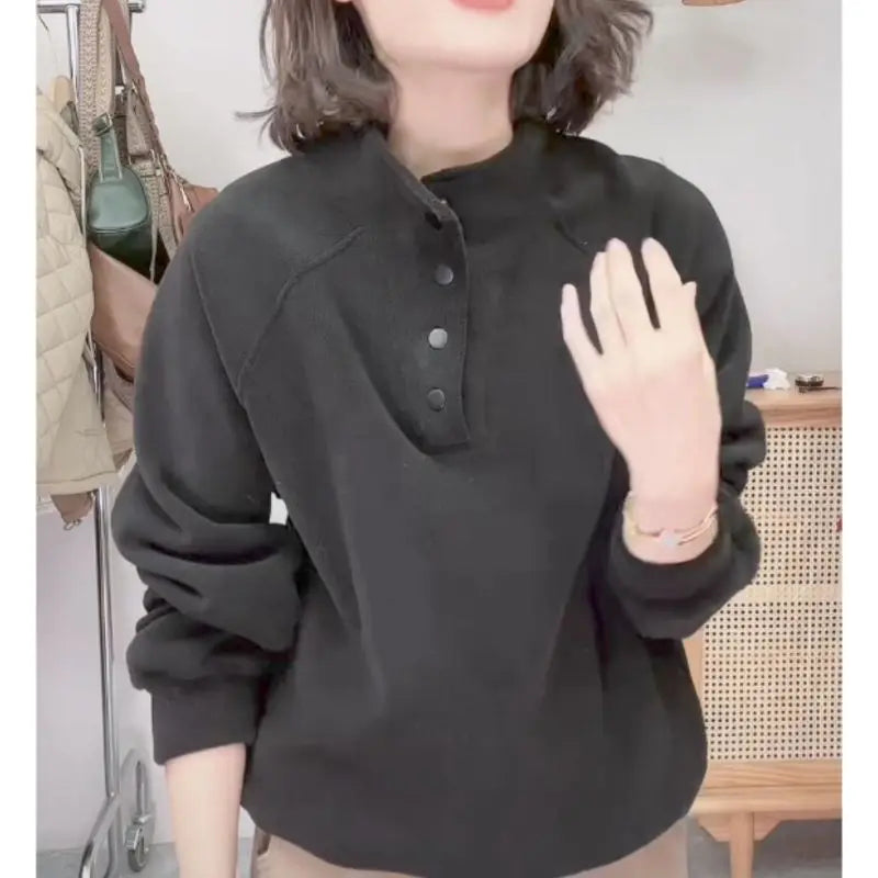 No Hat Hoodies Women Autumn College Basic Solid Casual All-match Stand Collar Button Trendy High Street Korean Style Mujer Cozy