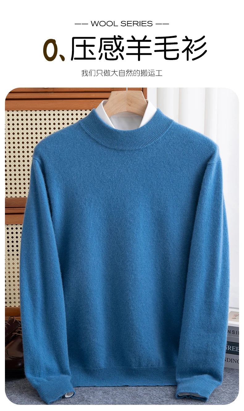 New Fashion Men's 100% Wool Pullover Half-high Collar Sweater Autumn Winter Warm Solid Color Knit Sweater Business Casual Top