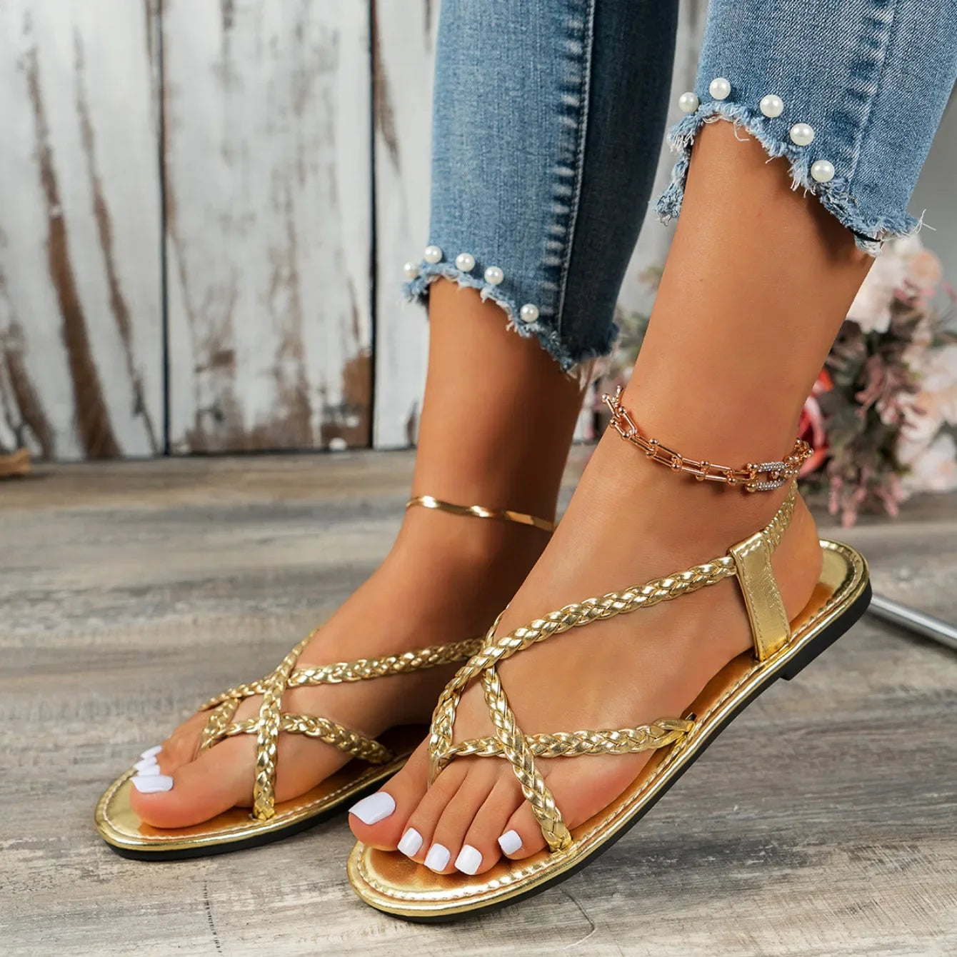 Women Sandals Ladies Braided Flat Clip Toe Summer Slippers Outside Lightweight Elastic Band Slides Women Fashion Woman Sandals
