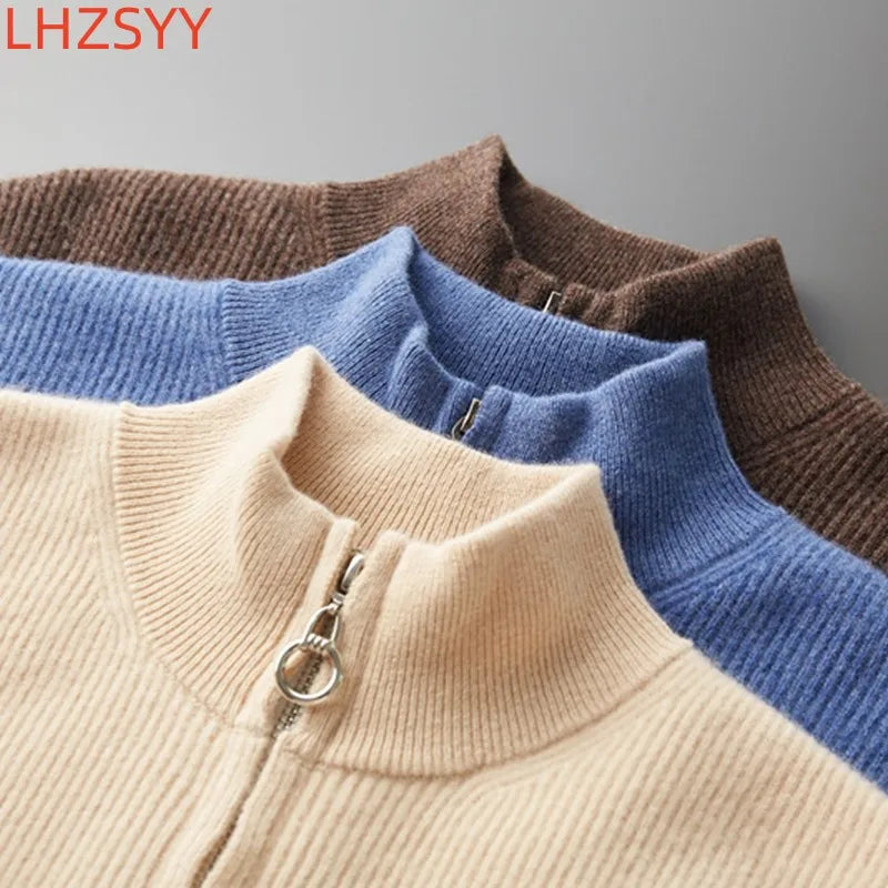 LHZSYY Men's Cashmere Knit Cardigan Middle-Aged Stand-up Collar Zip-up Coat 100%Pure Wool Autumn Winter Thick Sweater Men Jacket