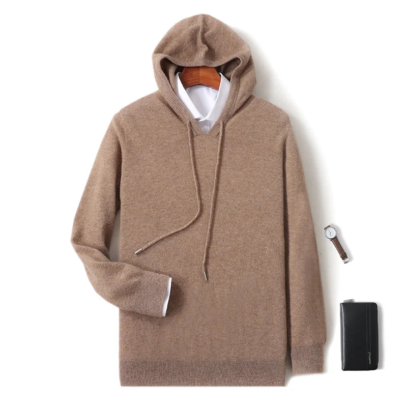 Fall/Winter 100% Pure Wool Men's Hooded Loose Thick Sweater Fashion Long Sleeve Casual Knit Top